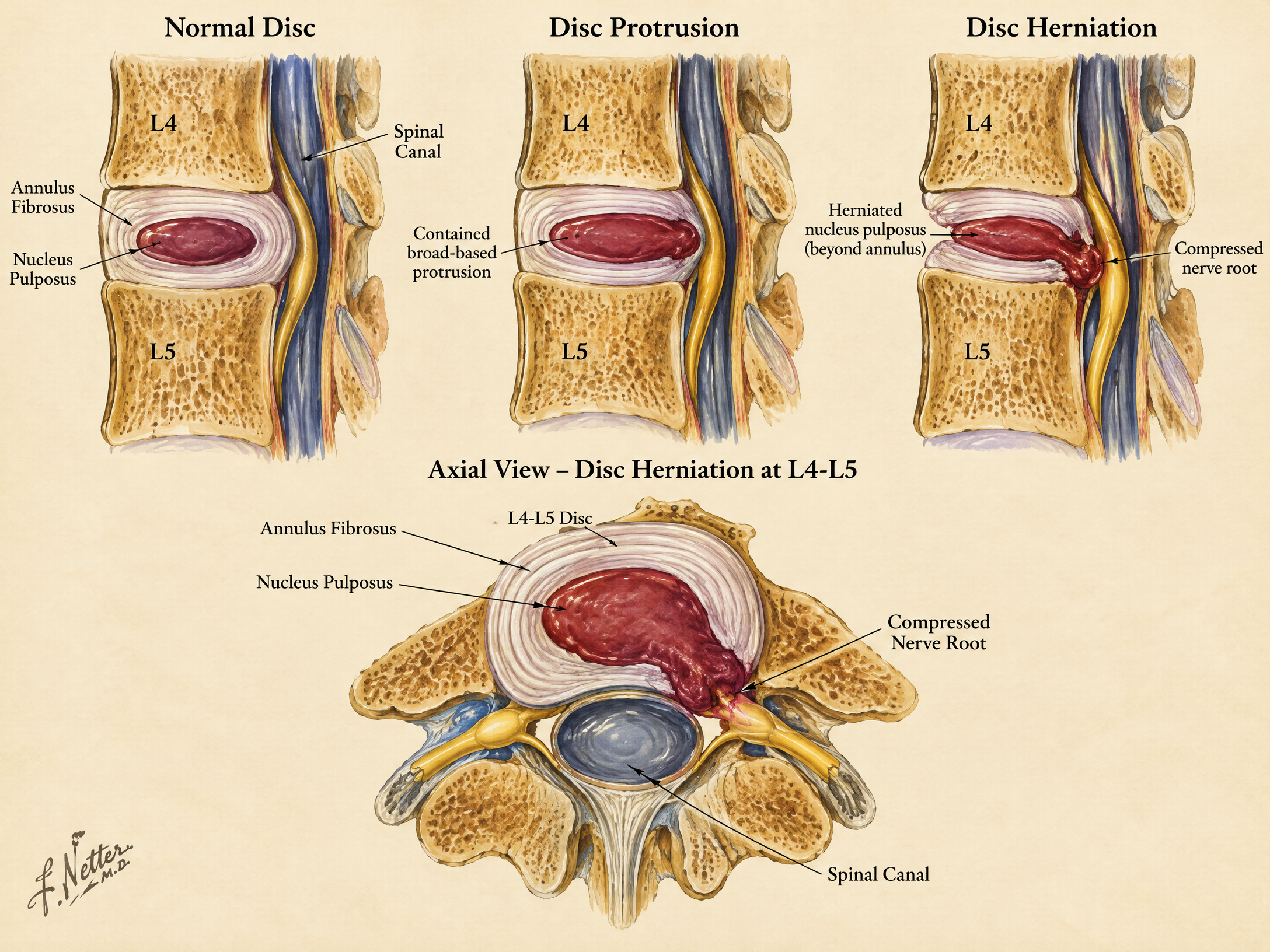 Comparação anatômica entre disco normal, protrusão discal e hérnia de disco lombar