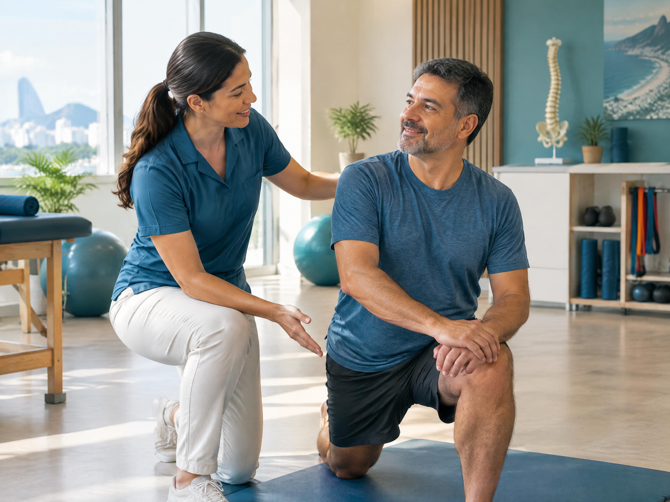 Fisioterapeuta orientando exercício funcional de mobilidade para paciente adulto